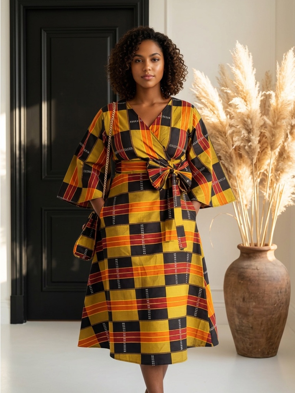 Mustard Combo Long Wrap Dress + Pocketbook Set